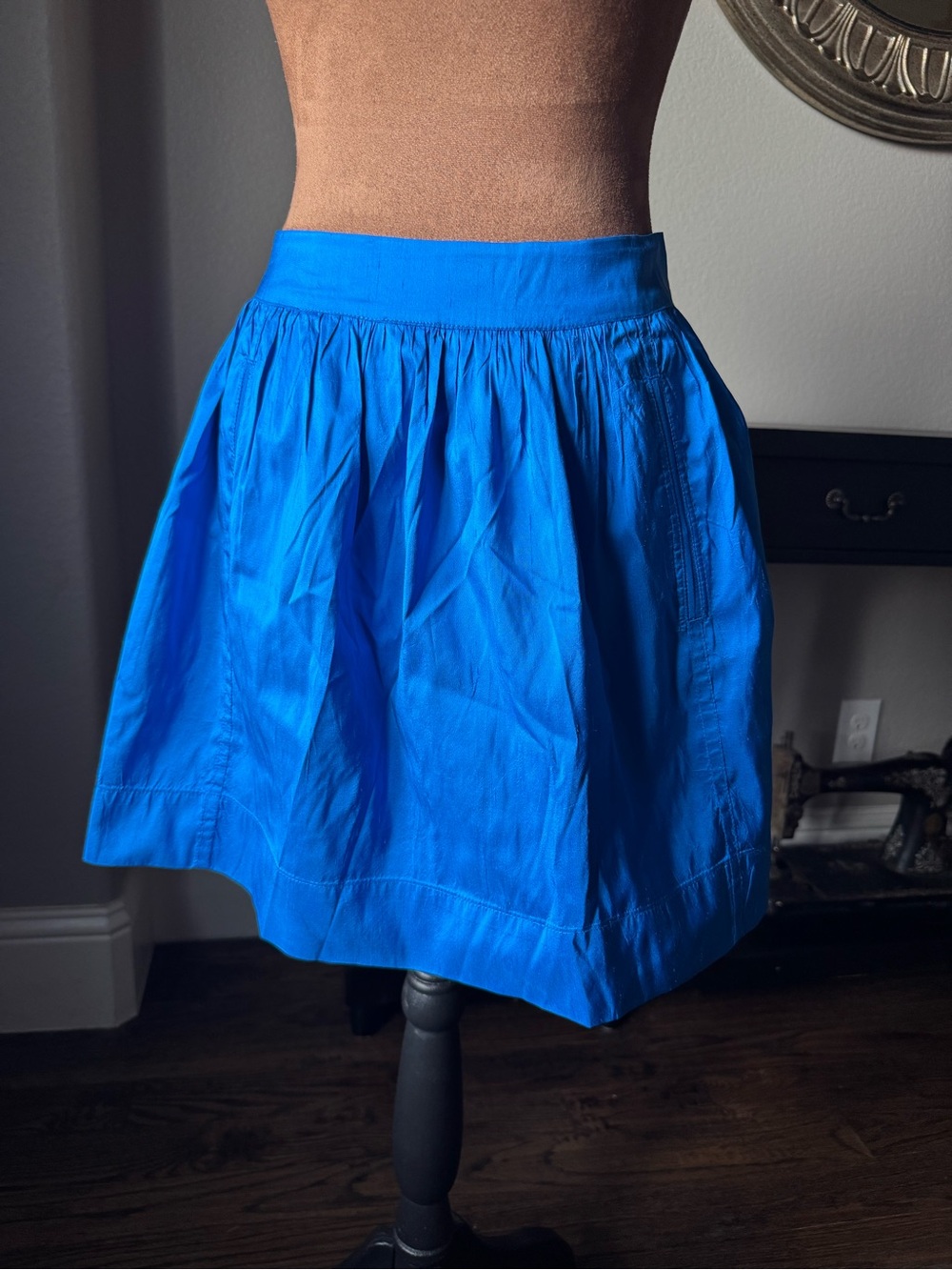 Calypso St. Barth 100% Silk Blue Gathered A-Line Skirt Pockets Size S Made USA